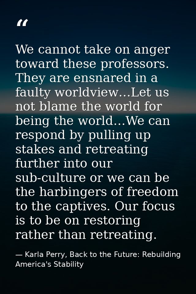 We cannot take on anger toward these professors. They are ensnared in a faulty worldview…Let us not blame the world for  — Karla Perry, Back to the Future: Rebuilding America's Stability