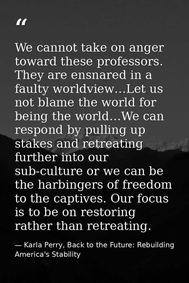 We cannot take on anger toward these professors. They are ensnared in a faulty worldview…Let us not blame the world for  — Karla Perry, Back to the Future: Rebuilding America's Stability