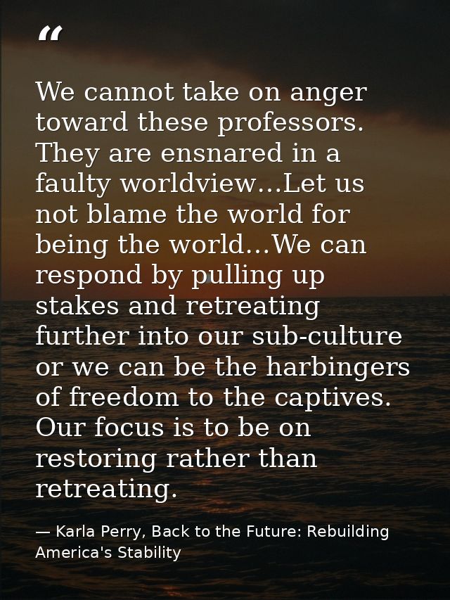 We cannot take on anger toward these professors. They are ensnared in a faulty worldview…Let us not blame the world for  — Karla Perry, Back to the Future: Rebuilding America's Stability