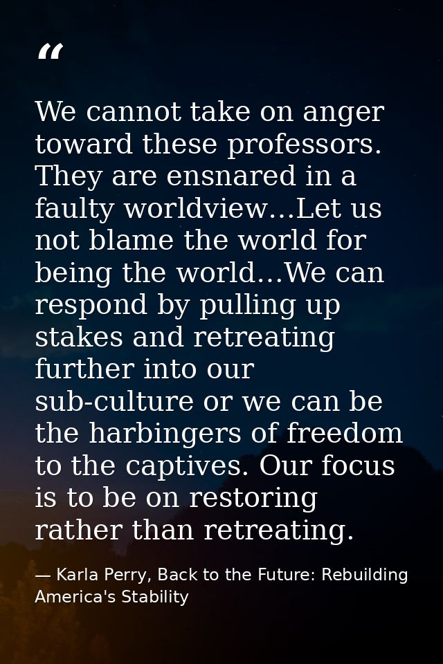 We cannot take on anger toward these professors. They are ensnared in a faulty worldview…Let us not blame the world for  — Karla Perry, Back to the Future: Rebuilding America's Stability
