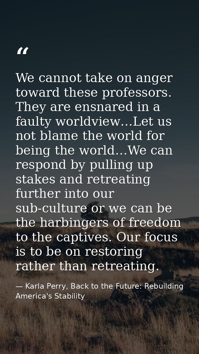 We cannot take on anger toward these professors. They are ensnared in a faulty worldview…Let us not blame the world for  — Karla Perry, Back to the Future: Rebuilding America's Stability