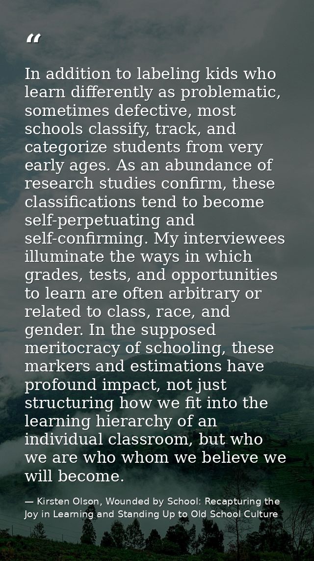In addition to labeling kids who learn differently as problematic, sometimes defective, most schools classify, track, an — Kirsten Olson, Wounded by School: Recapturing the Joy in Learning and Standing Up to Old School Culture