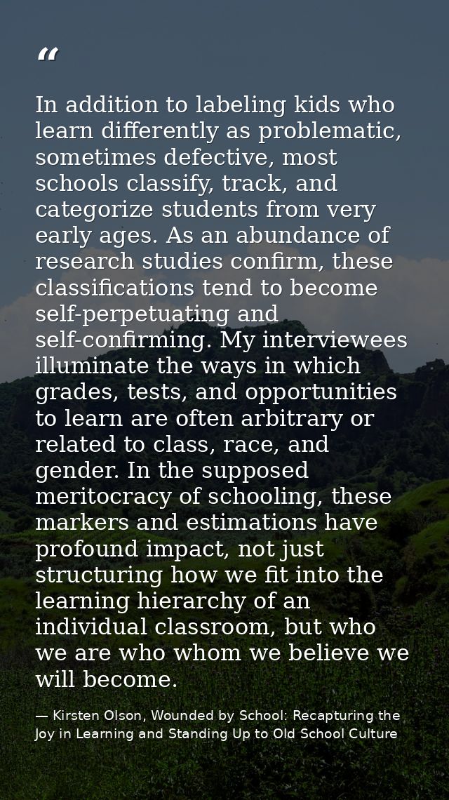 In addition to labeling kids who learn differently as problematic, sometimes defective, most schools classify, track, an — Kirsten Olson, Wounded by School: Recapturing the Joy in Learning and Standing Up to Old School Culture