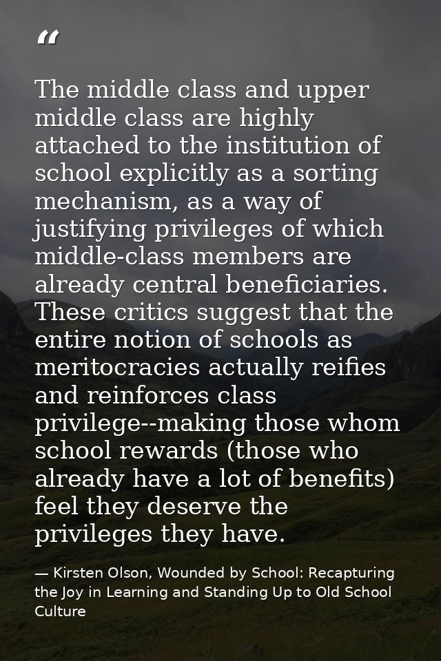 The middle class and upper middle class are highly attached to the institution of school explicitly as a sorting mechani — Kirsten Olson, Wounded by School: Recapturing the Joy in Learning and Standing Up to Old School Culture