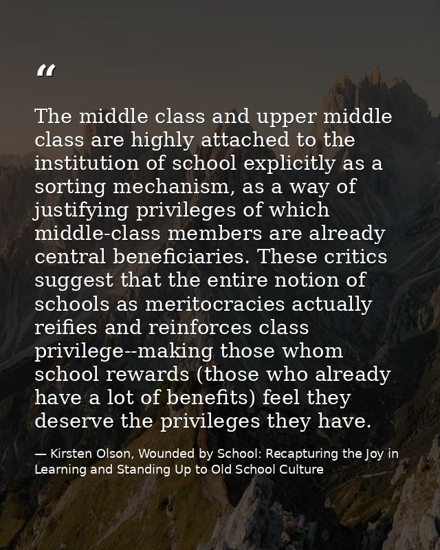 The middle class and upper middle class are highly attached to the institution of school explicitly as a sorting mechani — Kirsten Olson, Wounded by School: Recapturing the Joy in Learning and Standing Up to Old School Culture
