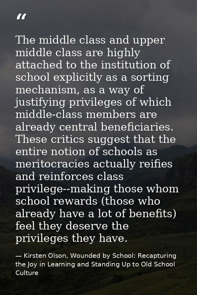 The middle class and upper middle class are highly attached to the institution of school explicitly as a sorting mechani — Kirsten Olson, Wounded by School: Recapturing the Joy in Learning and Standing Up to Old School Culture
