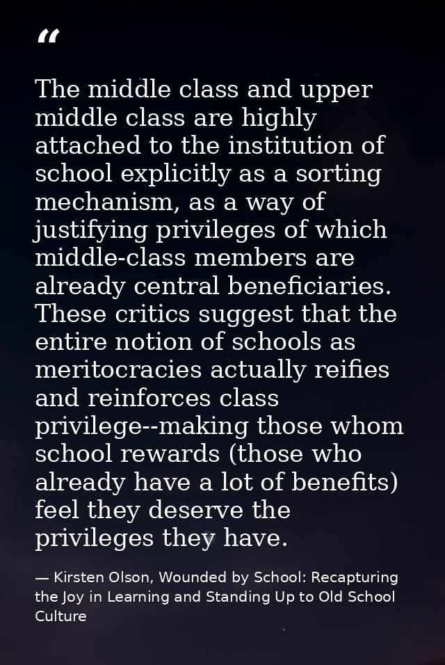 The middle class and upper middle class are highly attached to the institution of school explicitly as a sorting mechani — Kirsten Olson, Wounded by School: Recapturing the Joy in Learning and Standing Up to Old School Culture