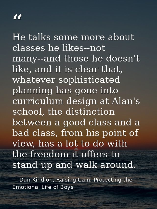 He talks some more about classes he likes--not many--and those he doesn't like, and it is clear that, whatever sophistic — Dan Kindlon, Raising Cain: Protecting the Emotional Life of Boys