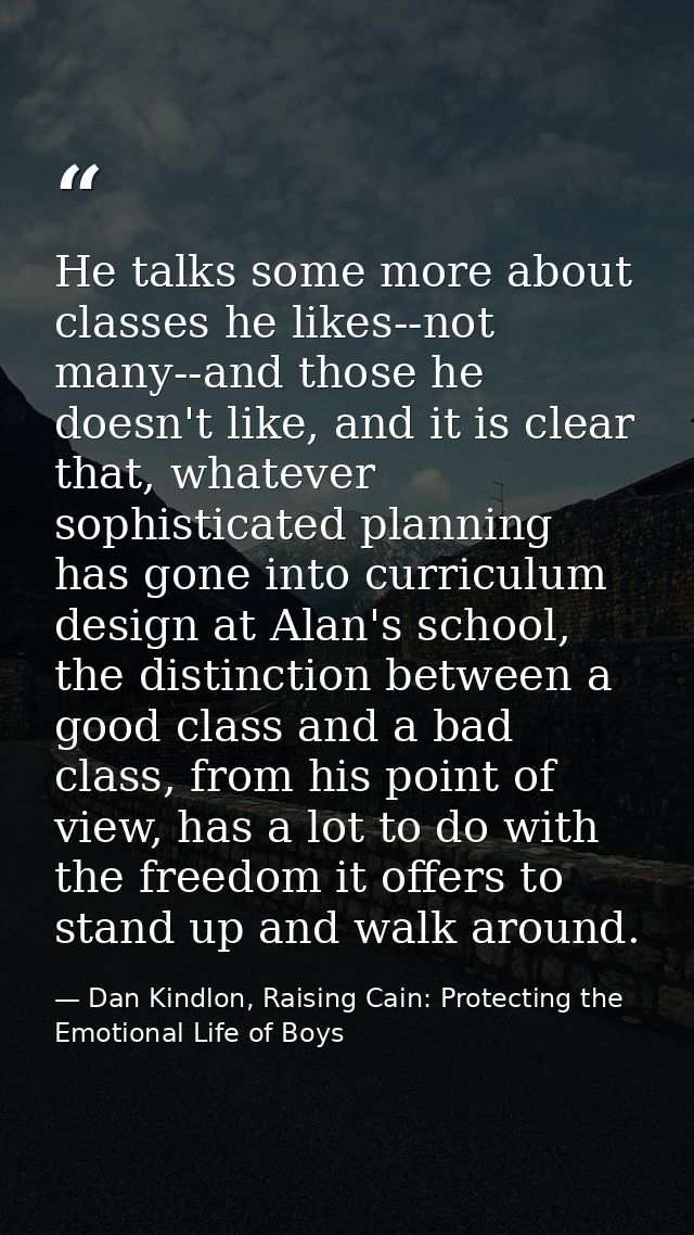 He talks some more about classes he likes--not many--and those he doesn't like, and it is clear that, whatever sophistic — Dan Kindlon, Raising Cain: Protecting the Emotional Life of Boys