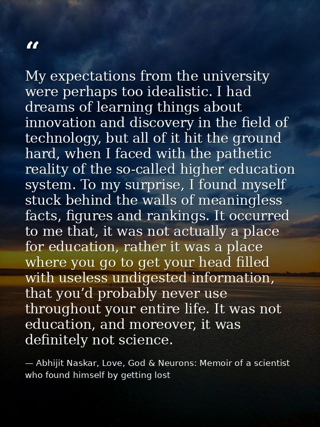 My expectations from the university were perhaps too idealistic. I had dreams of learning things about innovation and di — Abhijit Naskar, Love, God & Neurons: Memoir of a scientist who found himself by getting lost