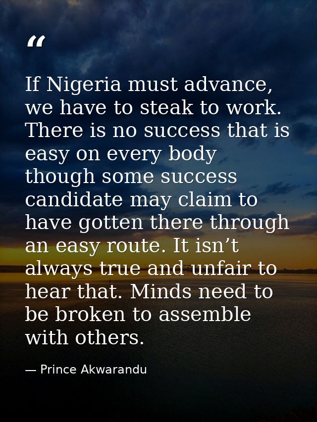 If Nigeria must advance, we have to steak to work. There is no success that is easy on every body though some success ca — Prince Akwarandu