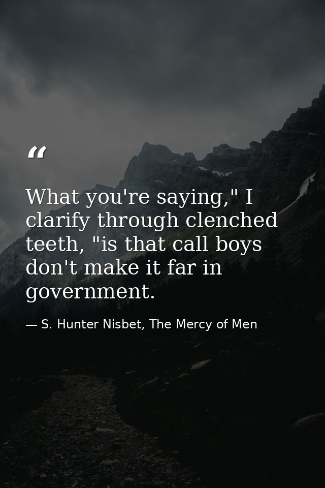 What you're saying," I clarify through clenched teeth, "is that call boys don't make it far in government. — S. Hunter Nisbet, The Mercy of Men