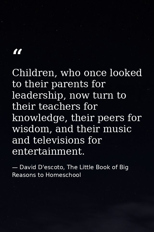 Children, who once looked to their parents for leadership, now turn to their teachers for knowledge, their peers for wis — David D'escoto, The Little Book of Big Reasons to Homeschool
