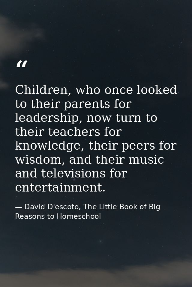 Children, who once looked to their parents for leadership, now turn to their teachers for knowledge, their peers for wis — David D'escoto, The Little Book of Big Reasons to Homeschool