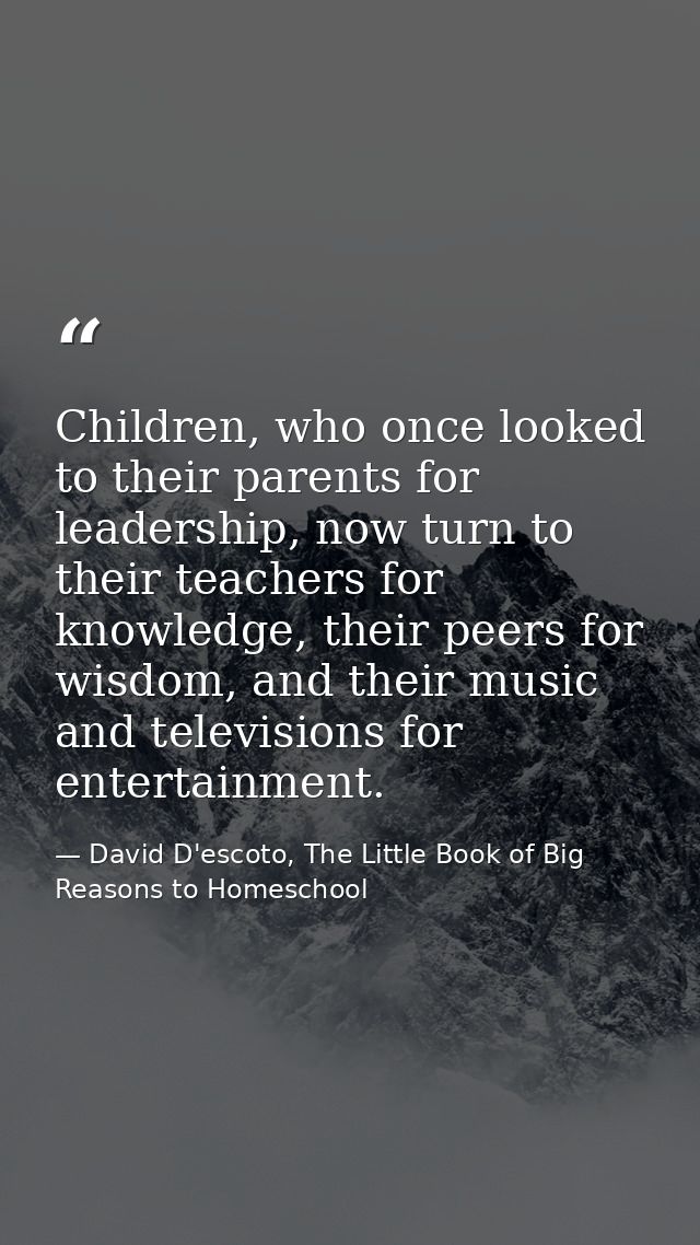 Children, who once looked to their parents for leadership, now turn to their teachers for knowledge, their peers for wis — David D'escoto, The Little Book of Big Reasons to Homeschool