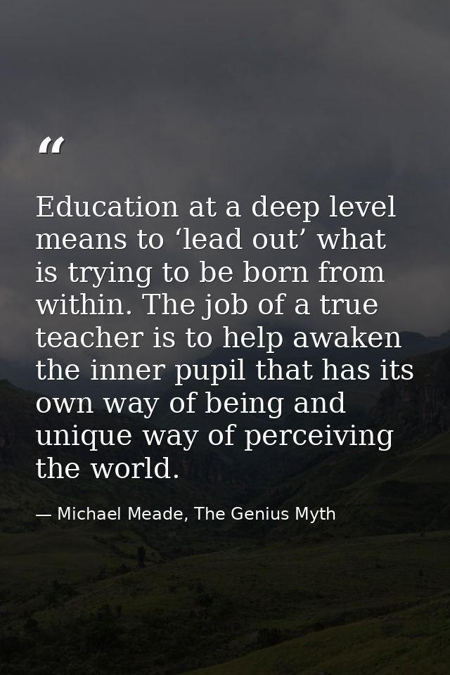 Education at a deep level means to ‘lead out’ what is trying to be born from within. The job of a true teacher is to hel — Michael Meade, The Genius Myth