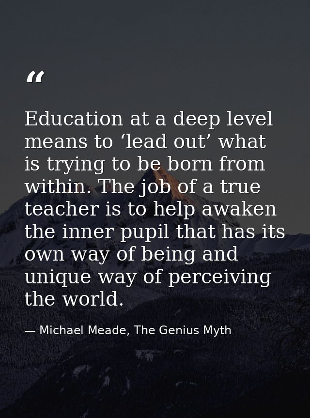 Education at a deep level means to ‘lead out’ what is trying to be born from within. The job of a true teacher is to hel — Michael Meade, The Genius Myth
