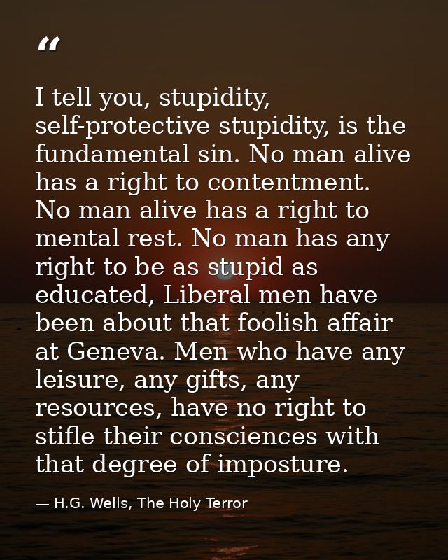 I tell you, stupidity, self-protective stupidity, is the fundamental sin. No man alive has a right to contentment. No ma — H.G. Wells, The Holy Terror