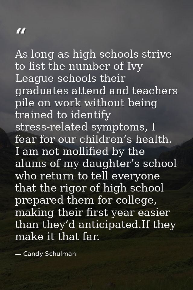 As long as high schools strive to list the number of Ivy League schools their graduates attend and teachers pile on work — Candy Schulman