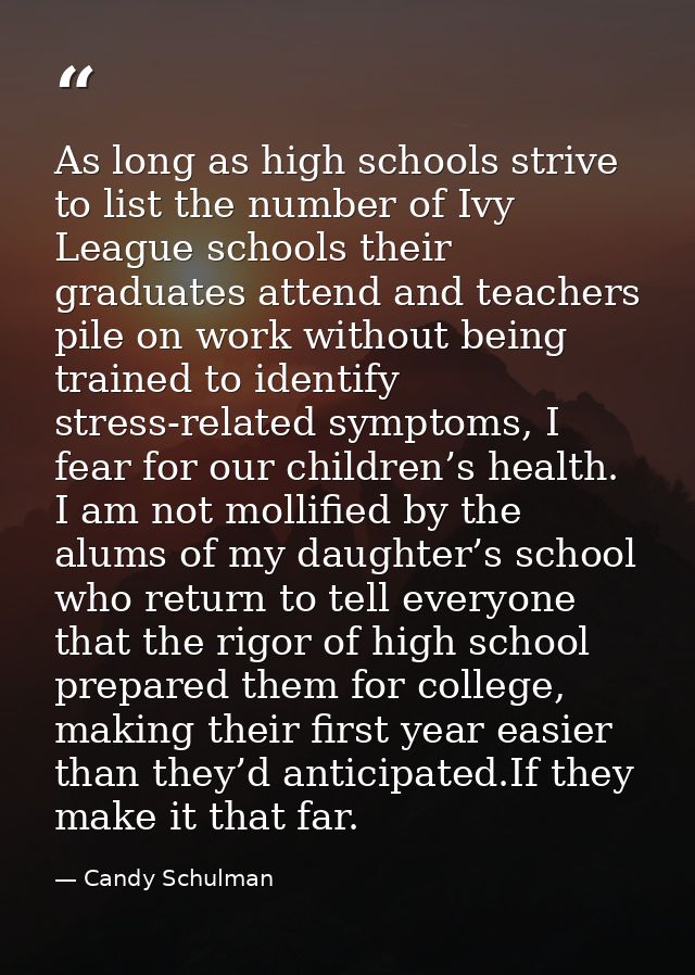 As long as high schools strive to list the number of Ivy League schools their graduates attend and teachers pile on work — Candy Schulman