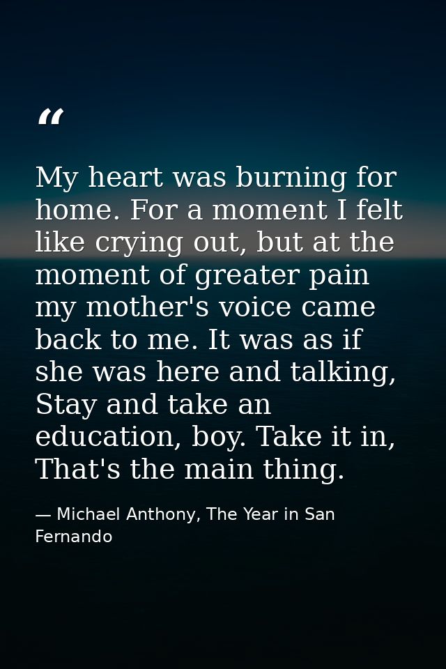 My heart was burning for home. For a moment I felt like crying out, but at the moment of greater pain my mother's voice  — Michael Anthony, The Year in San Fernando