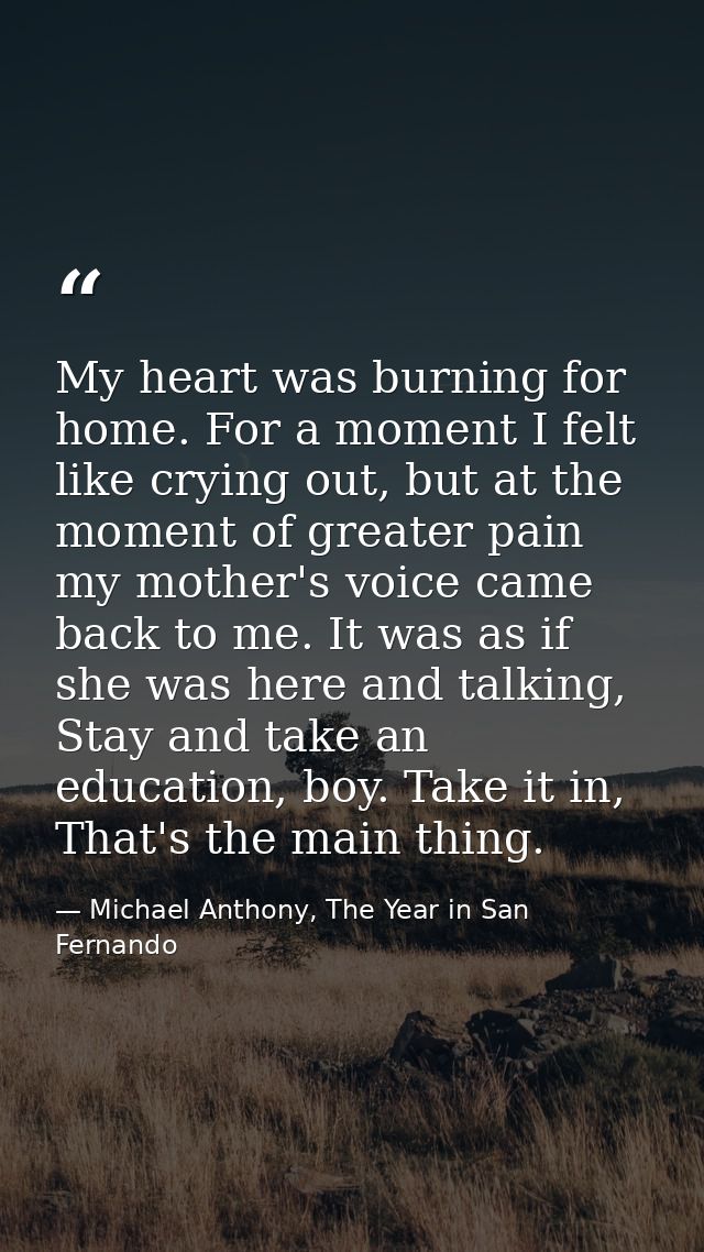 My heart was burning for home. For a moment I felt like crying out, but at the moment of greater pain my mother's voice  — Michael Anthony, The Year in San Fernando