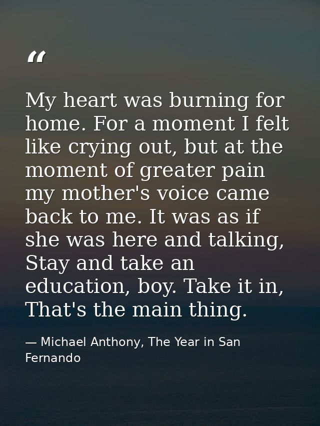 My heart was burning for home. For a moment I felt like crying out, but at the moment of greater pain my mother's voice  — Michael Anthony, The Year in San Fernando