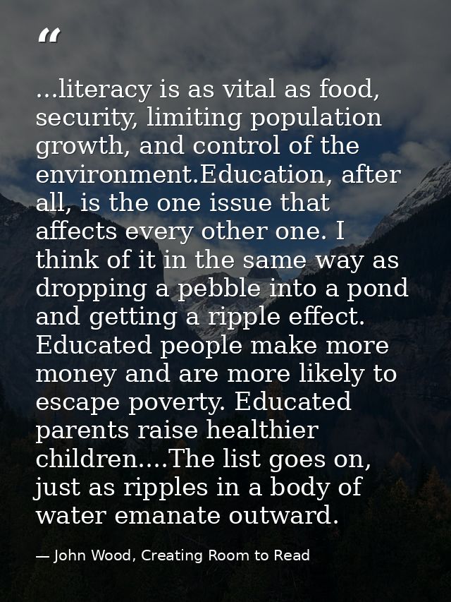 ...literacy is as vital as food, security, limiting population growth, and control of the environment.Education, after a — John Wood, Creating Room to Read