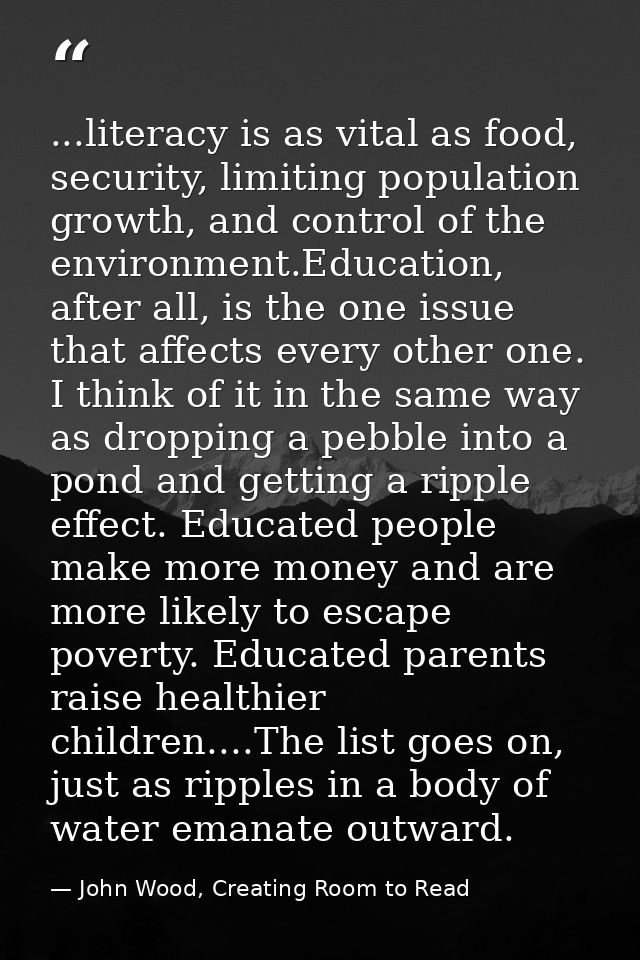 ...literacy is as vital as food, security, limiting population growth, and control of the environment.Education, after a — John Wood, Creating Room to Read