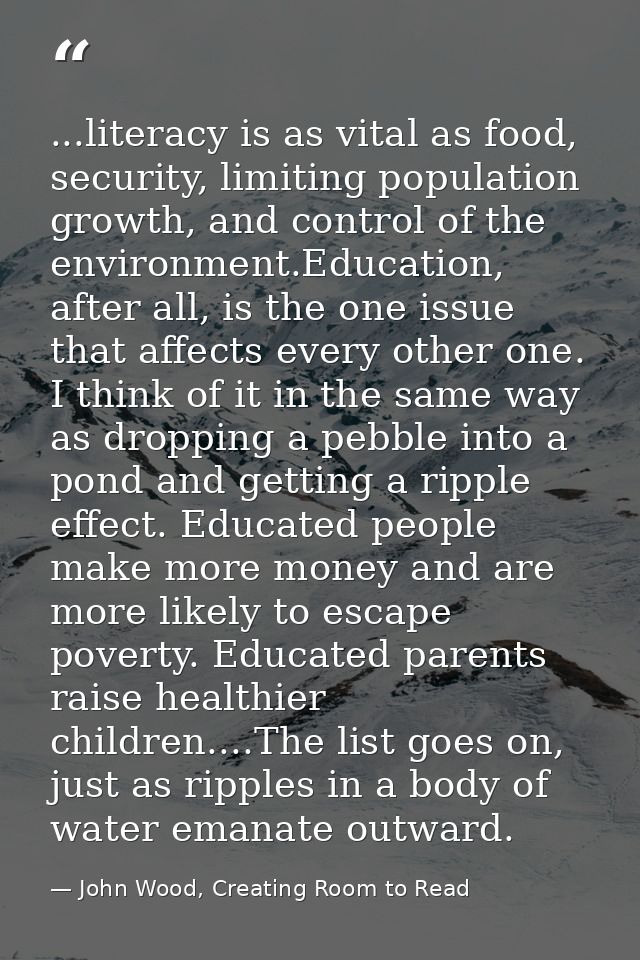 ...literacy is as vital as food, security, limiting population growth, and control of the environment.Education, after a — John Wood, Creating Room to Read