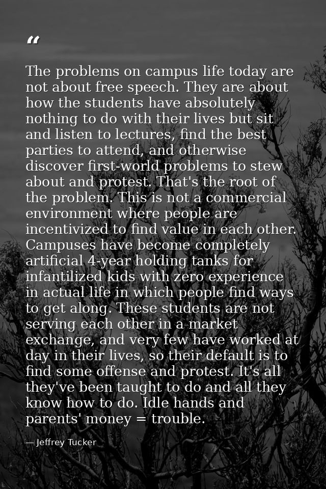 The problems on campus life today are not about free speech. They are about how the students have absolutely nothing to  — Jeffrey Tucker