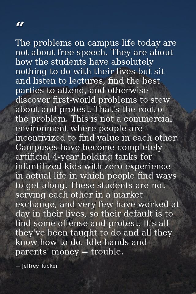 The problems on campus life today are not about free speech. They are about how the students have absolutely nothing to  — Jeffrey Tucker