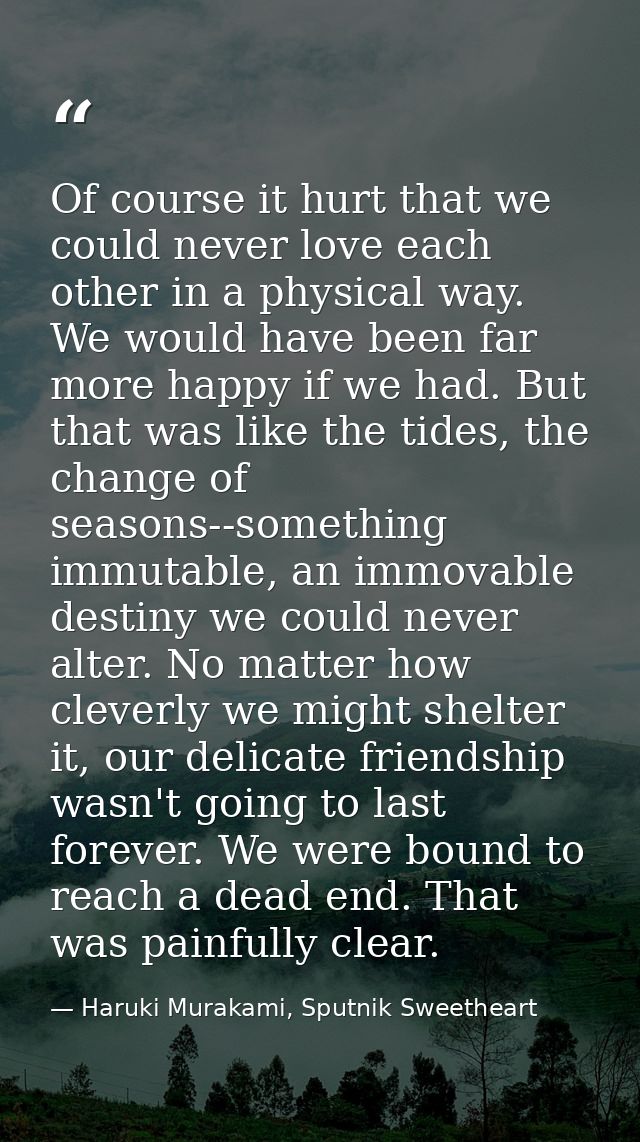 Of course it hurt that we could never love each other in a physical way. We would have been far more happy if we had. Bu — Haruki Murakami, Sputnik Sweetheart
