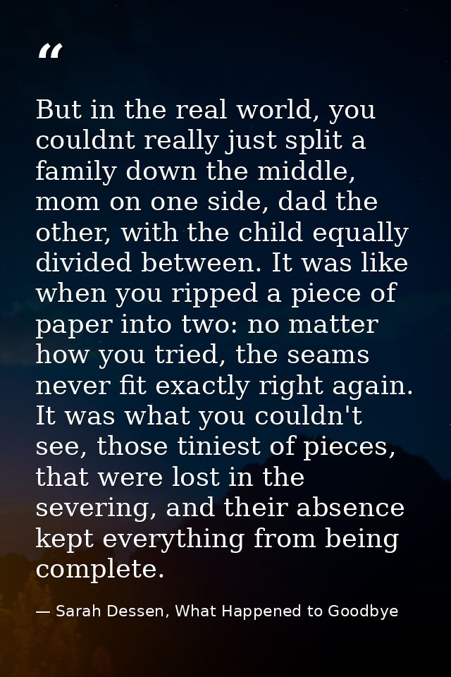 But in the real world, you couldnt really just split a family down the middle, mom on one side, dad the other, with the  — Sarah Dessen, What Happened to Goodbye