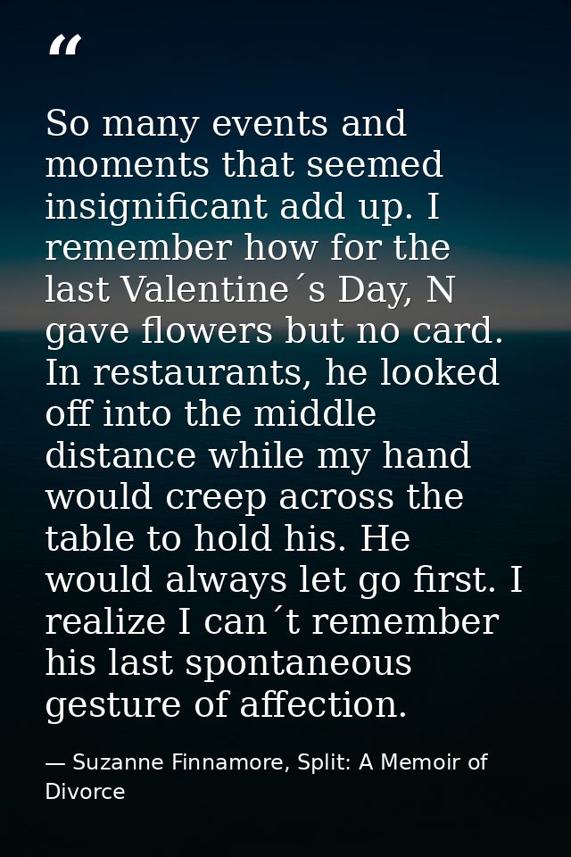 So many events and moments that seemed insignificant add up. I remember how for the last Valentine´s Day, N gave flowers — Suzanne Finnamore, Split: A Memoir of Divorce
