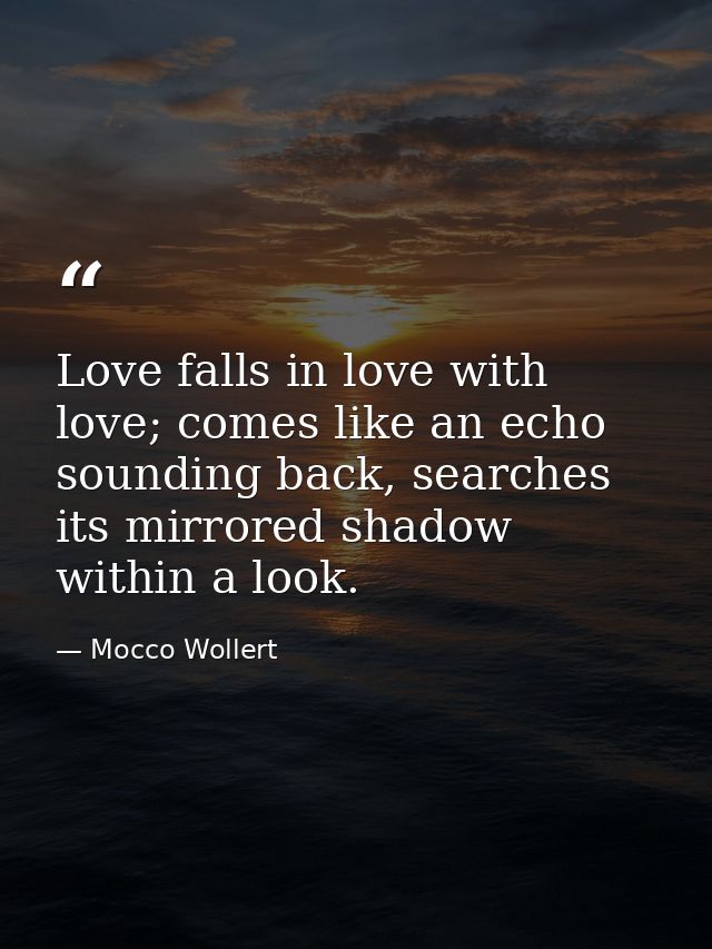 Love falls in love with love; comes like an echo sounding back, searches its mirrored shadow within a look. — Mocco Wollert