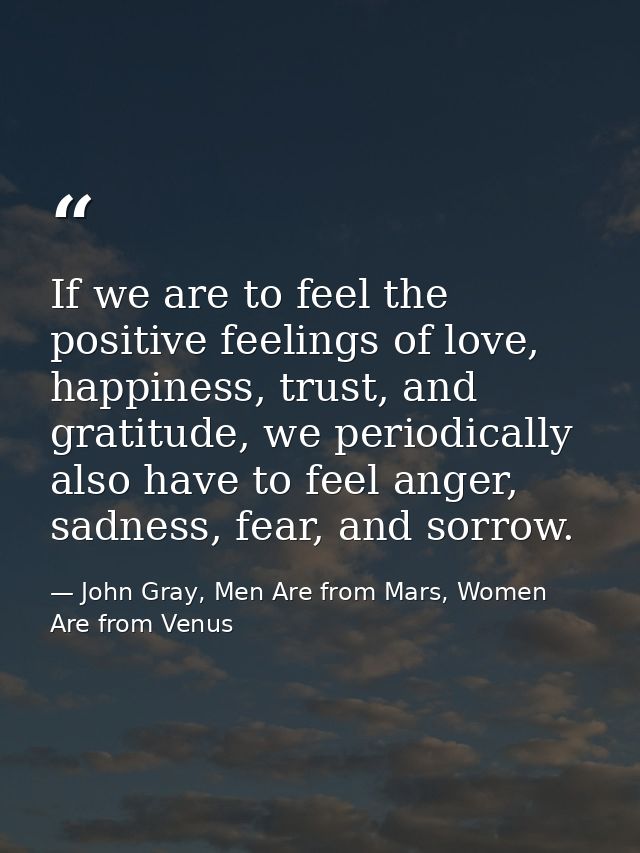 If we are to feel the positive feelings of love, happiness, trust, and gratitude, we periodically also have to feel ange — John Gray, Men Are from Mars, Women Are from Venus
