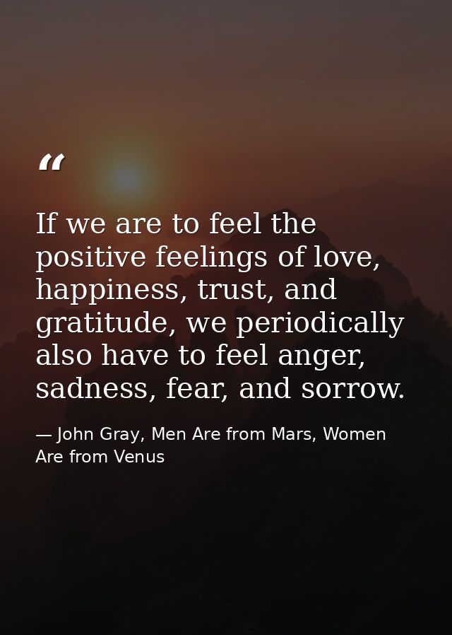 If we are to feel the positive feelings of love, happiness, trust, and gratitude, we periodically also have to feel ange — John Gray, Men Are from Mars, Women Are from Venus