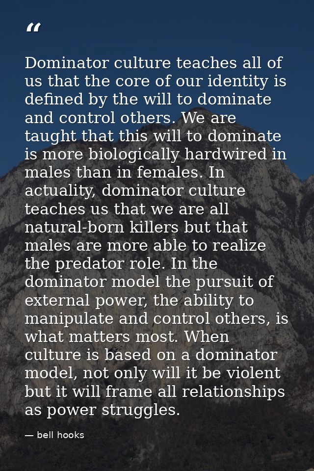 Dominator culture teaches all of us that the core of our identity is defined by the will to dominate and control others. — bell hooks