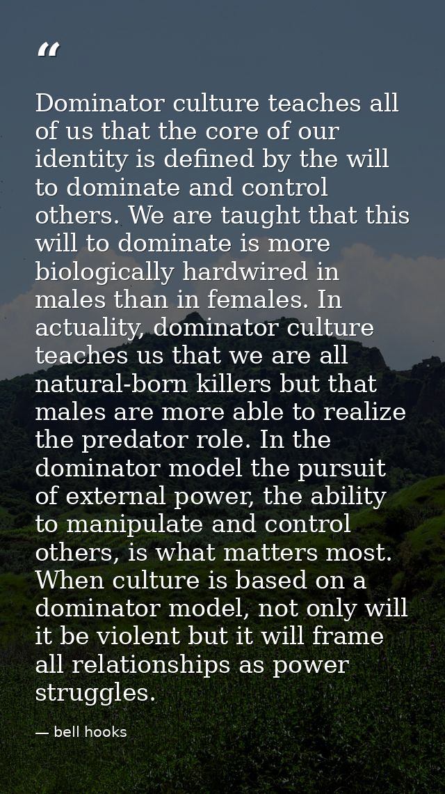 Dominator culture teaches all of us that the core of our identity is defined by the will to dominate and control others. — bell hooks