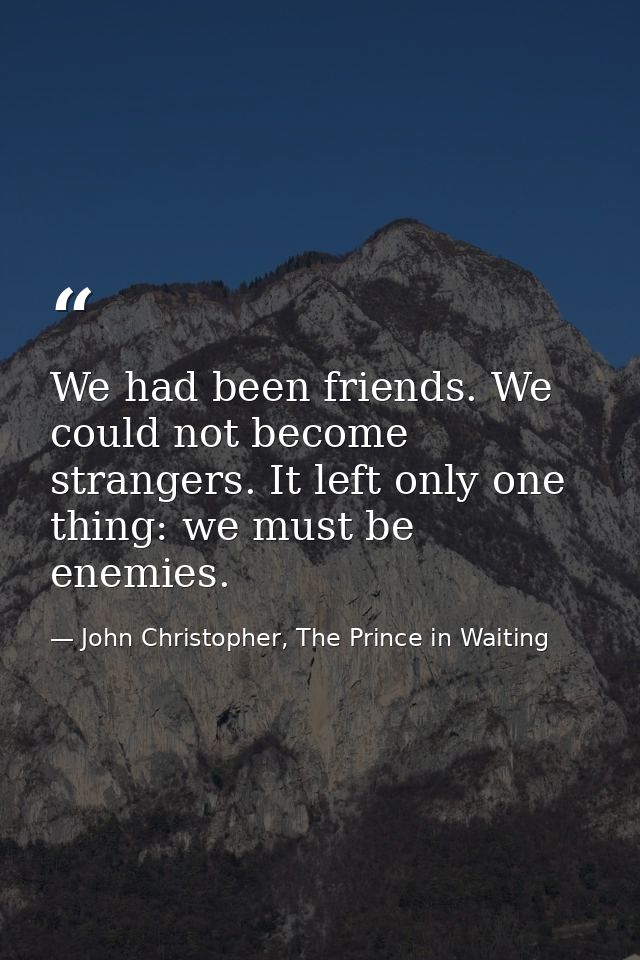 We had been friends. We could not become strangers. It left only one thing: we must be enemies. — John Christopher, The Prince in Waiting