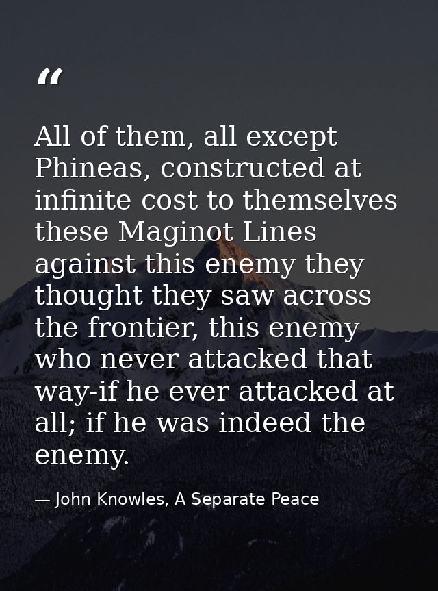 All of them, all except Phineas, constructed at infinite cost to themselves these Maginot Lines against this enemy they  — John Knowles, A Separate Peace