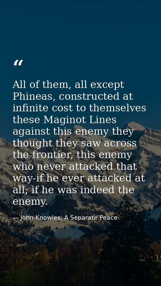All of them, all except Phineas, constructed at infinite cost to themselves these Maginot Lines against this enemy they  — John Knowles, A Separate Peace