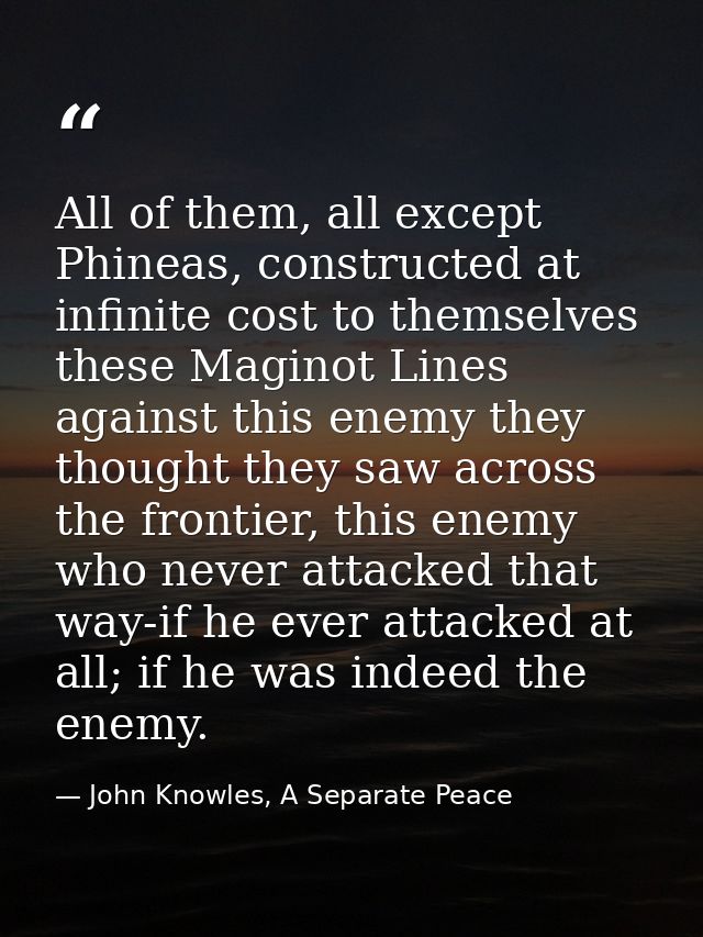 All of them, all except Phineas, constructed at infinite cost to themselves these Maginot Lines against this enemy they  — John Knowles, A Separate Peace