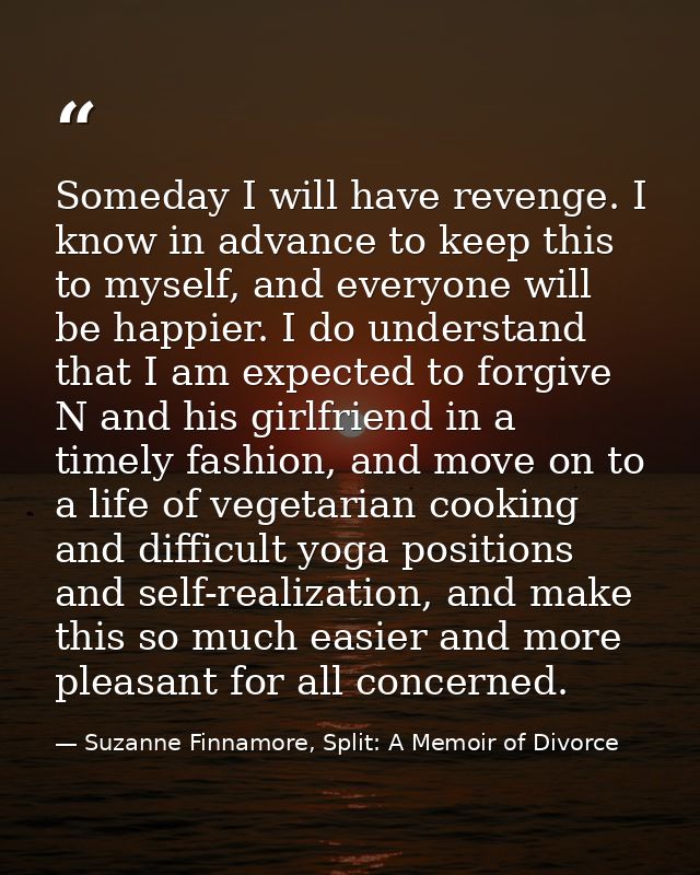 Someday I will have revenge. I know in advance to keep this to myself, and everyone will be happier. I do understand tha — Suzanne Finnamore, Split: A Memoir of Divorce