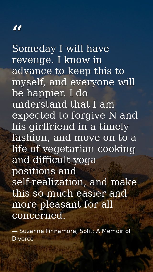 Someday I will have revenge. I know in advance to keep this to myself, and everyone will be happier. I do understand tha — Suzanne Finnamore, Split: A Memoir of Divorce