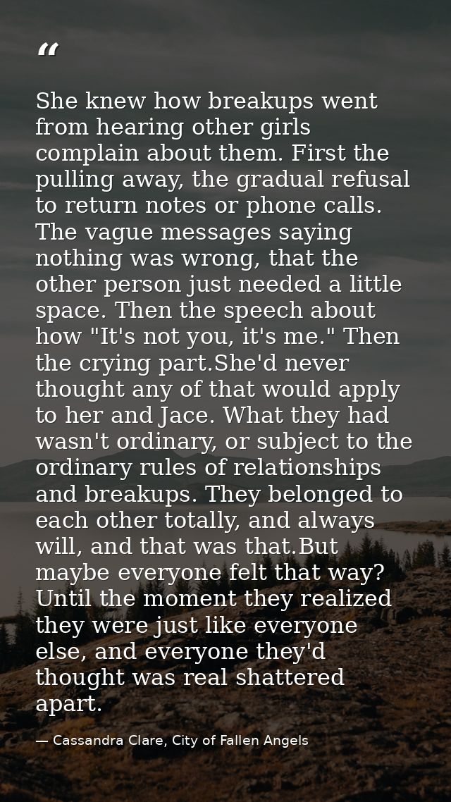 She knew how breakups went from hearing other girls complain about them. First the pulling away, the gradual refusal to  — Cassandra Clare, City of Fallen Angels