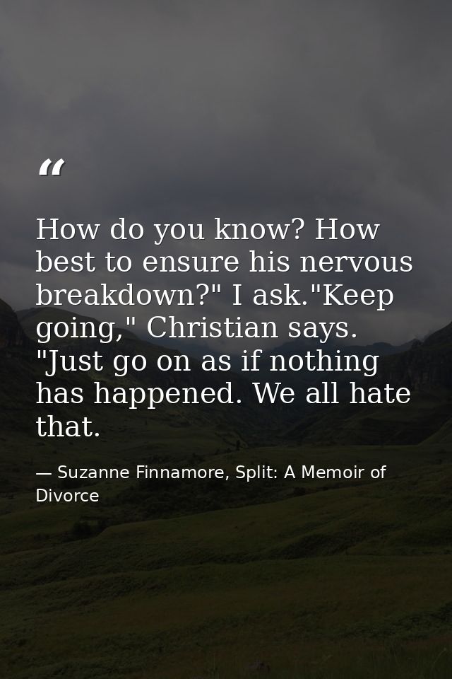 How do you know? How best to ensure his nervous breakdown?" I ask."Keep going," Christian says. "Just go on as if nothin — Suzanne Finnamore, Split: A Memoir of Divorce