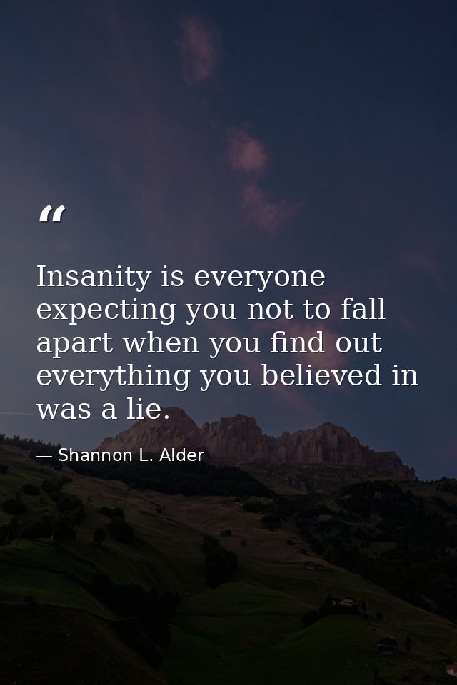 Insanity is everyone expecting you not to fall apart when you find out everything you believed in was a lie. — Shannon L. Alder