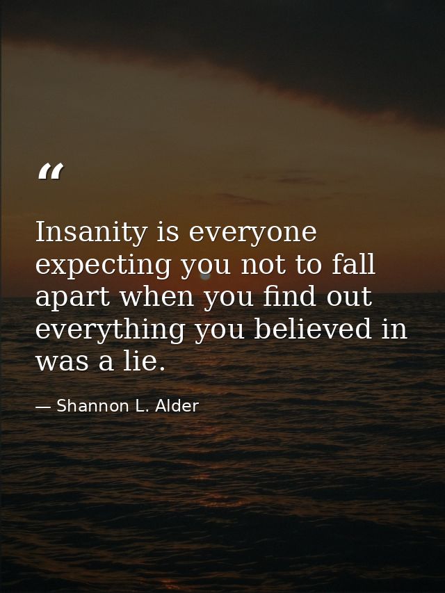 Insanity is everyone expecting you not to fall apart when you find out everything you believed in was a lie. — Shannon L. Alder